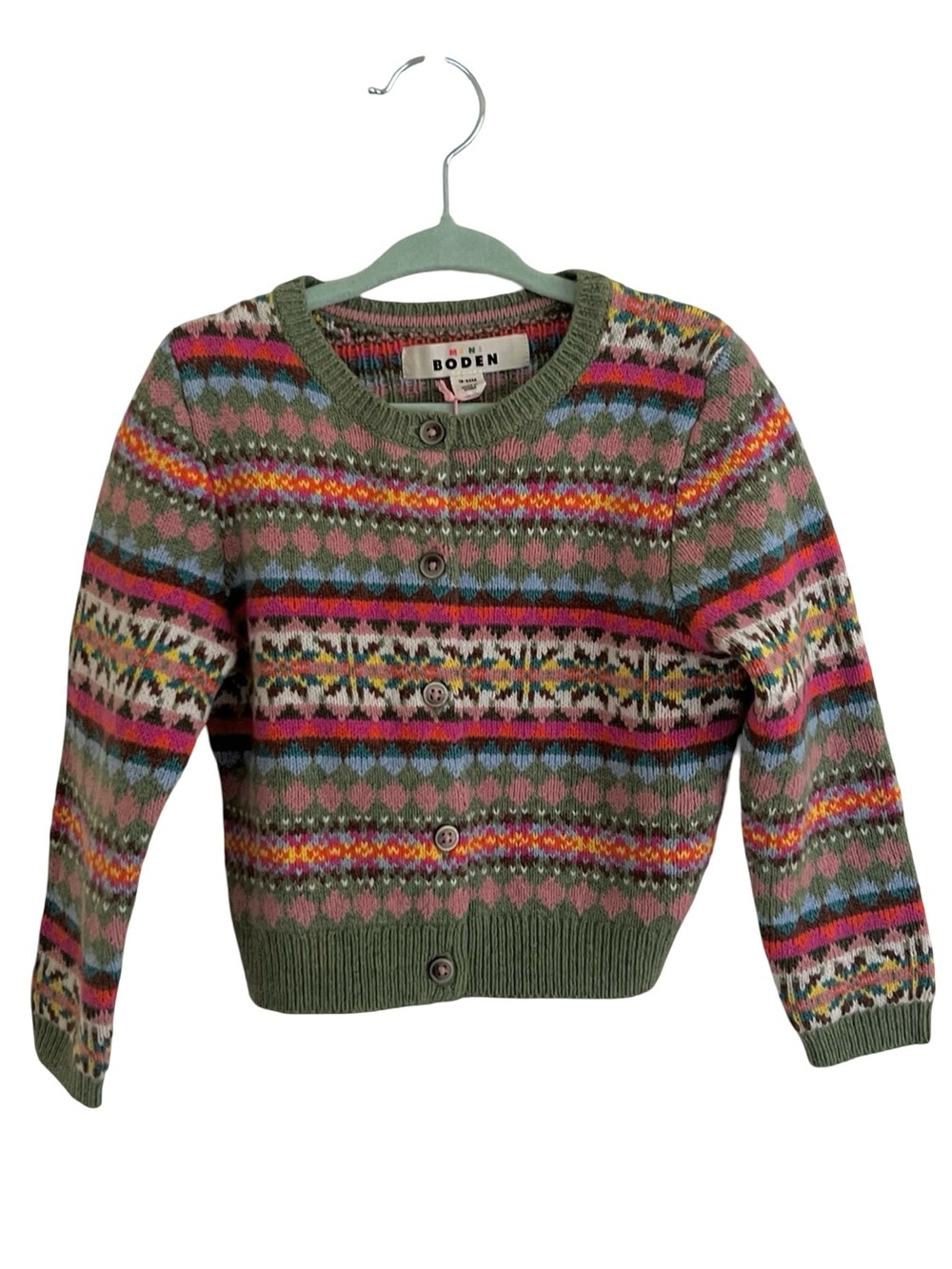 Mini Boden Green Edie Fair Isle Cardigan NWT 18 - 24 Months